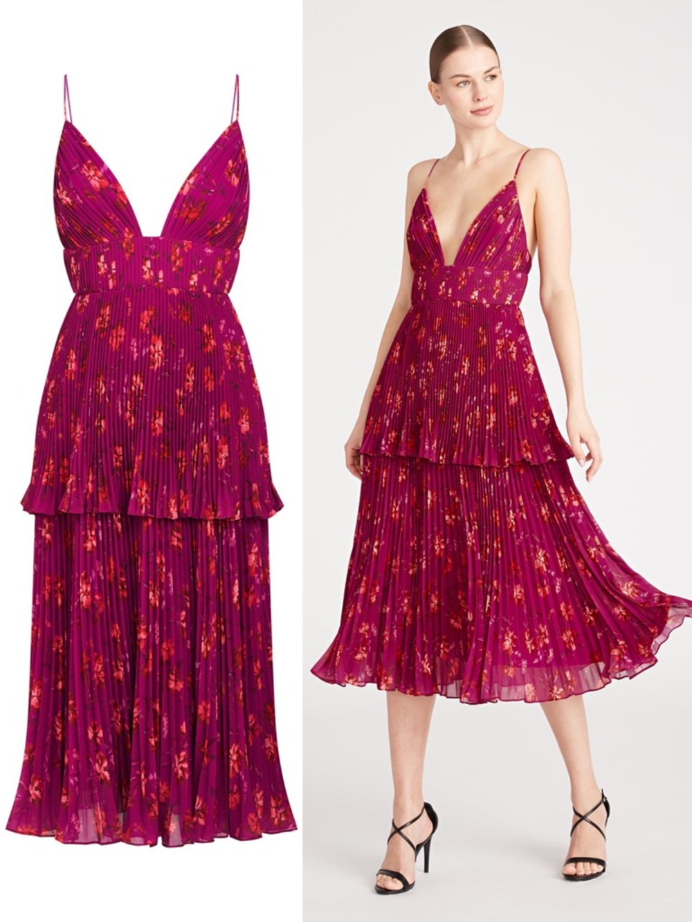 AMUR Catarina V-Neck Pleated Midi Dress Bougainvillea Mono Floral Size 6